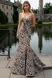 Coffee Leopard Spaghetti Straps Long Mermaid Prom Dress with Slit