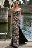 Coffee Leopard Strapless Sheath Long Prom Dress with Slit