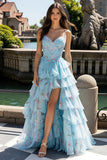 Blue Pink Flower Ruffled A-Line Tiered Long Prom Dress with Slit