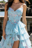 Blue Pink Flower Ruffled A-Line Tiered Long Prom Dress with Slit