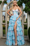 Blue Pink Flower Ruffled Strapless A-Line Long Prom Dress with Slit