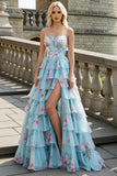 Blue Pink Flower Ruffled Spaghettti Straps A-Line Prom Dress with Slit