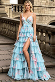 Blue Pink Flower Spaghettti Straps A-Line Ruffled Prom Dress with Slit