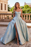 Light Blue A Line Corset Jacquard Long Prom Dress with Slit