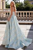 Light Blue A Line Corset Jacquard Long Prom Dress with Slit