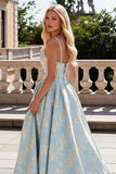 Light Blue A Line Corset Jacquard Long Prom Dress with Slit