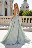 Light Blue Floral A Line Corset Long Prom Dress with Pockets
