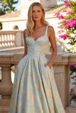 Light Blue Floral A Line Corset Long Prom Dress with Pockets