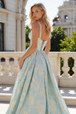 Light Blue Floral A Line Corset Long Prom Dress with Pockets