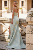 Light Blue Mermaid Jacquard Floral Corset Long Prom Dress with Slit