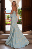 Strapless Mermaid Light Blue Jacquard Long Prom Dress with Bow