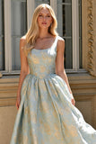 Light Blue A Line Jacquard Floral Long Prom Dress