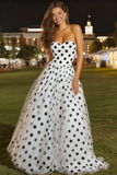 Black White Dots Strapless A-Line Long Prom Dress