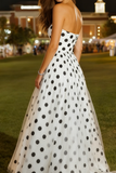 Black White Dots Strapless A-Line Long Prom Dress