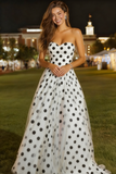 Black White Dots Strapless A-Line Long Prom Dress