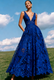Blue Lace Deep V Neck A-Line Long Prom Dress
