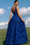 Blue Lace Deep V Neck A-Line Long Prom Dress