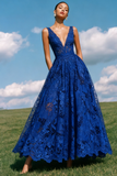 Blue Lace Deep V Neck A-Line Long Prom Dress