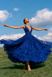 Blue Lace Deep V Neck A-Line Long Prom Dress