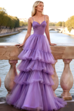 Lilac Tulle Spaghettti Straps A-Line Prom Dress with Ruffles