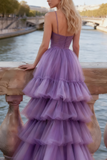 Lilac Tulle Spaghettti Straps A-Line Prom Dress with Ruffles