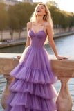 Lilac Tulle Spaghettti Straps A-Line Prom Dress with Ruffles