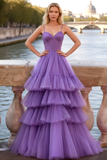 Lilac Tulle Spaghettti Straps A-Line Prom Dress with Ruffles