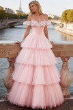 Light Pink Tulle Off the Shoulder A-Line Prom Dress with Ruffles