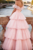Light Pink Tulle Off the Shoulder A-Line Prom Dress with Ruffles