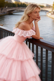 Light Pink Tulle Off the Shoulder A-Line Prom Dress with Ruffles