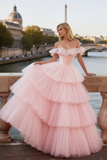 Light Pink Tulle Off the Shoulder A-Line Prom Dress with Ruffles