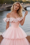 Light Pink Tulle Off the Shoulder A-Line Prom Dress with Ruffles