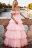 Light Pink Tulle Off the Shoulder A-Line Prom Dress with Ruffles