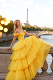 Yellow Tulle Off the Shoulder Tiered A-Line Prom Dress with Ruffles