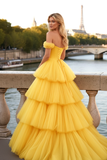 Yellow Tulle Off the Shoulder Tiered A-Line Prom Dress with Ruffles