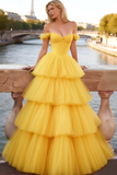 Yellow Tulle Off the Shoulder Tiered A-Line Prom Dress with Ruffles