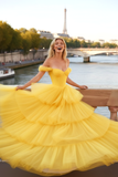 Yellow Tulle Off the Shoulder Tiered A-Line Prom Dress with Ruffles