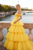 Yellow Tulle Off the Shoulder Tiered A-Line Prom Dress with Ruffles