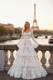 White Lace A-Line Tiered Long Prom Dress with Long Sleeve