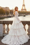 White Lace A-Line Tiered Long Prom Dress with Long Sleeve