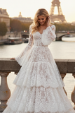 White Lace A-Line Tiered Long Prom Dress with Long Sleeve