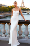 White Satin Sheath Spaghetti Straps Long Prom Dress