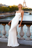 White Satin Sheath Spaghetti Straps Long Prom Dress