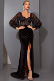 Black Sheath Corset Long Sleeves Prom Dress with Slit