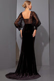 Black Sheath Corset Long Sleeves Prom Dress with Slit