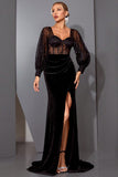 Black Sheath Corset Long Sleeves Prom Dress with Slit