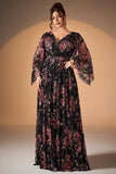 Black Pink Flower A Line V Neck Long Formal Dress