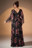 Black Pink Flower A Line V Neck Long Formal Dress