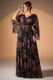 Black Pink Flower A Line V Neck Long Formal Dress