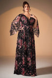 Black Pink Flower A Line V Neck Long Formal Dress